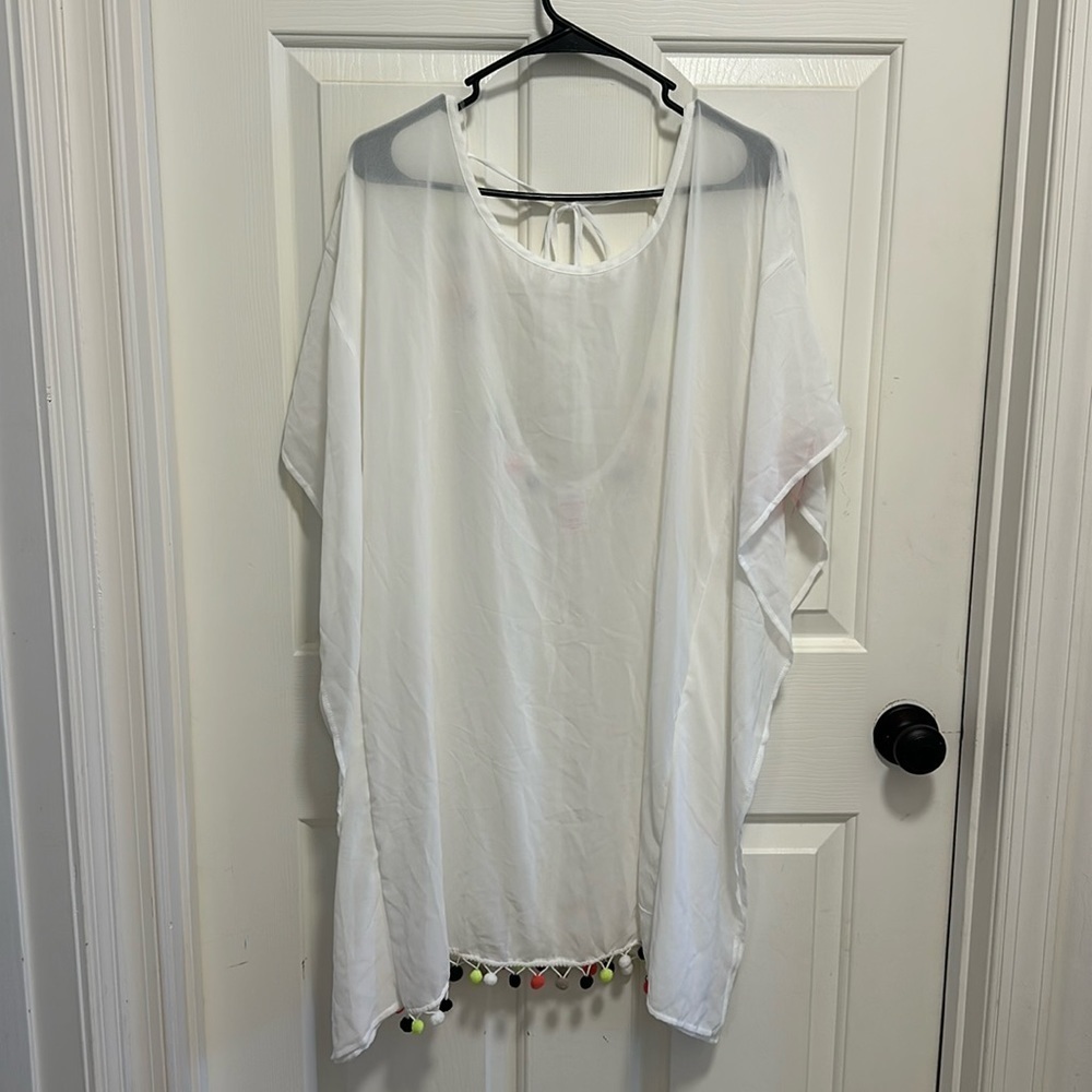 White Shear Rainbow Pom Pom Bathing Suit Coverup Size Large